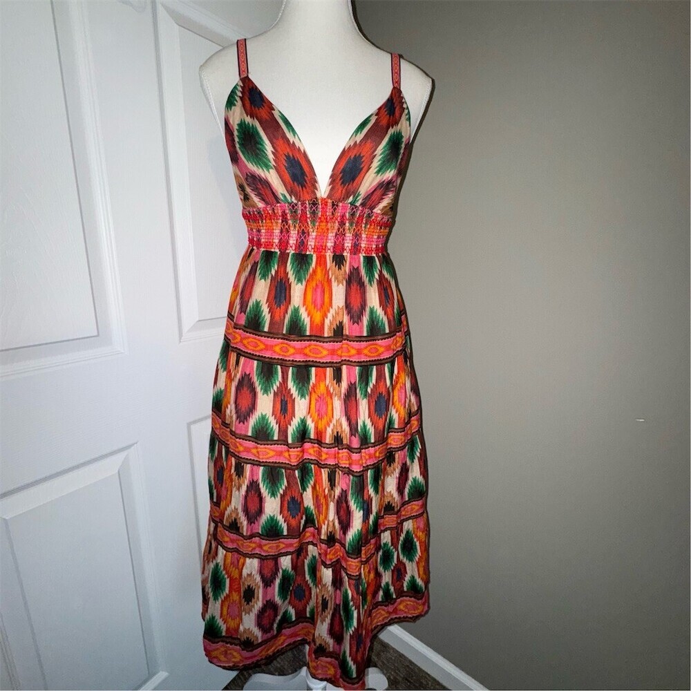 Alice + Olivia Santina Midi Dress Womens 4 Ikat Aztec Breezy Soft Girl Flowy